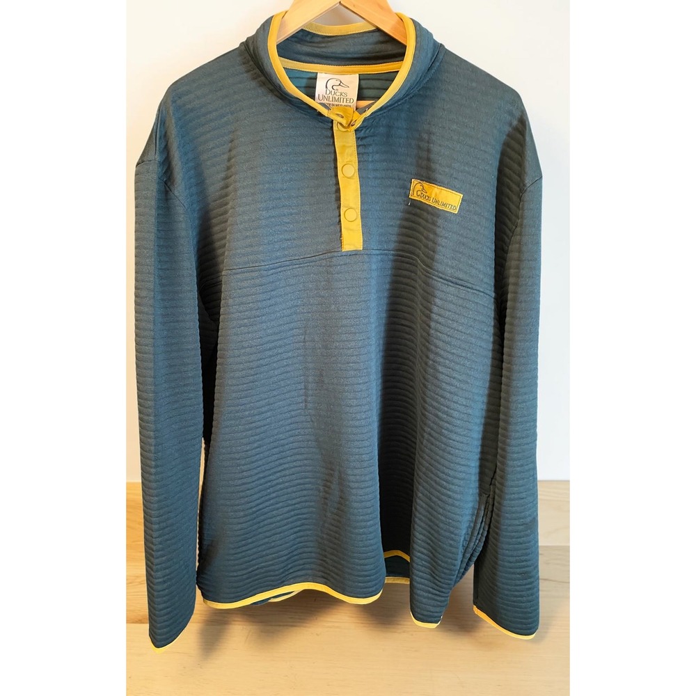 Ducks Unlimited Ribbed Snap Neck Mens XXL Teal Green Pullover Fleece Sweatshirt